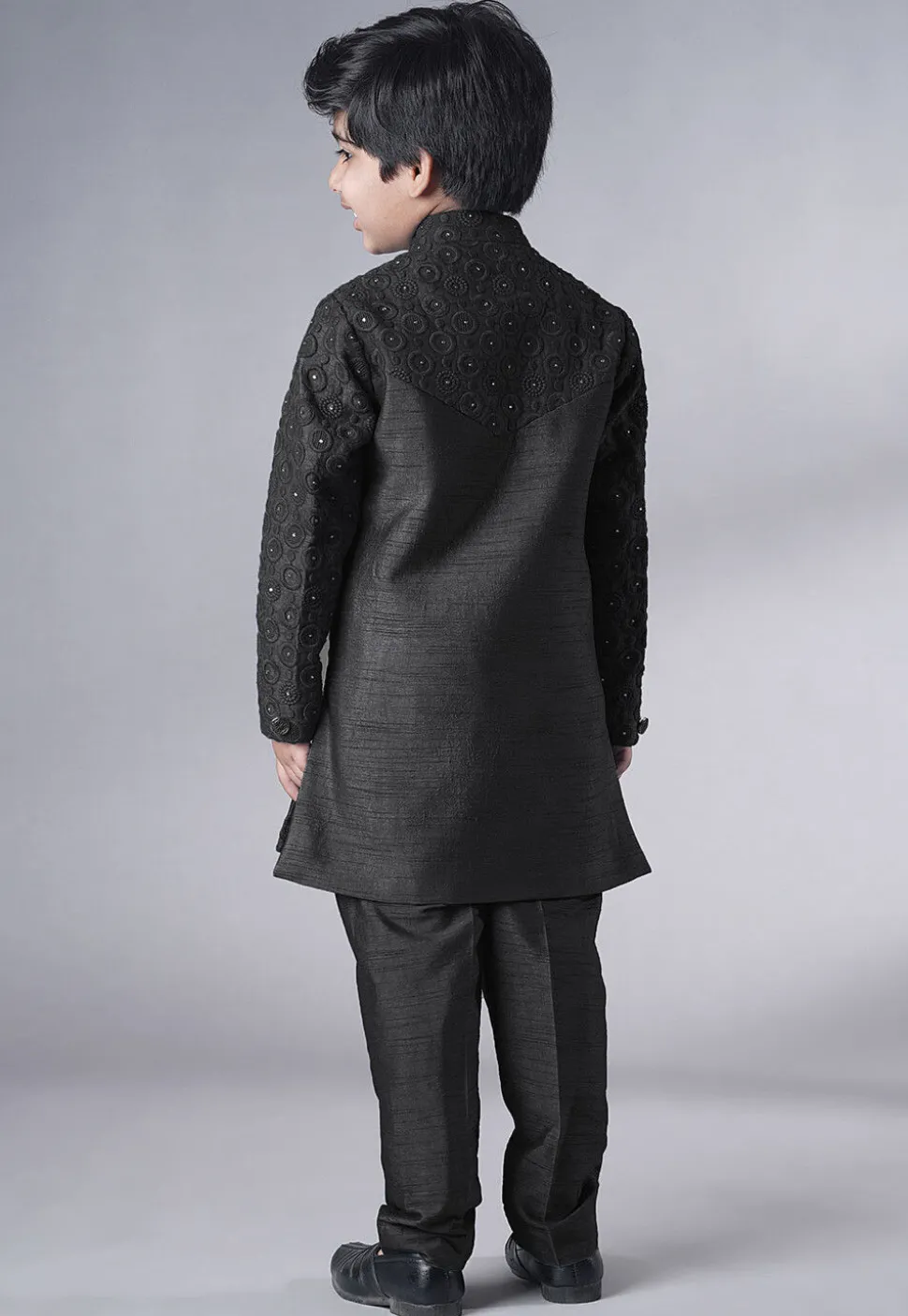 Embroidered Georgette Sherwani Set in Black
