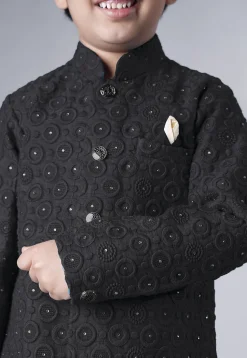 Embroidered Georgette Sherwani Set in Black