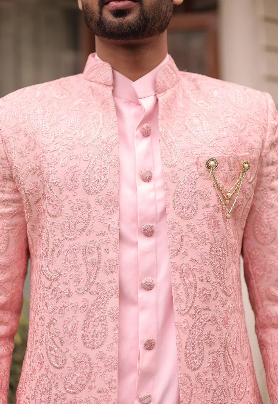 Embroidered Georgette Sherwani in Pink