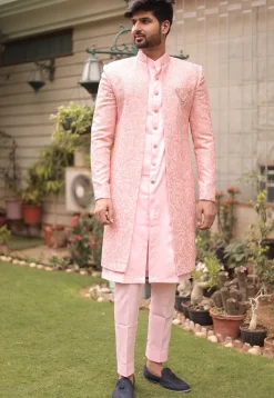 Embroidered Georgette Sherwani in Pink