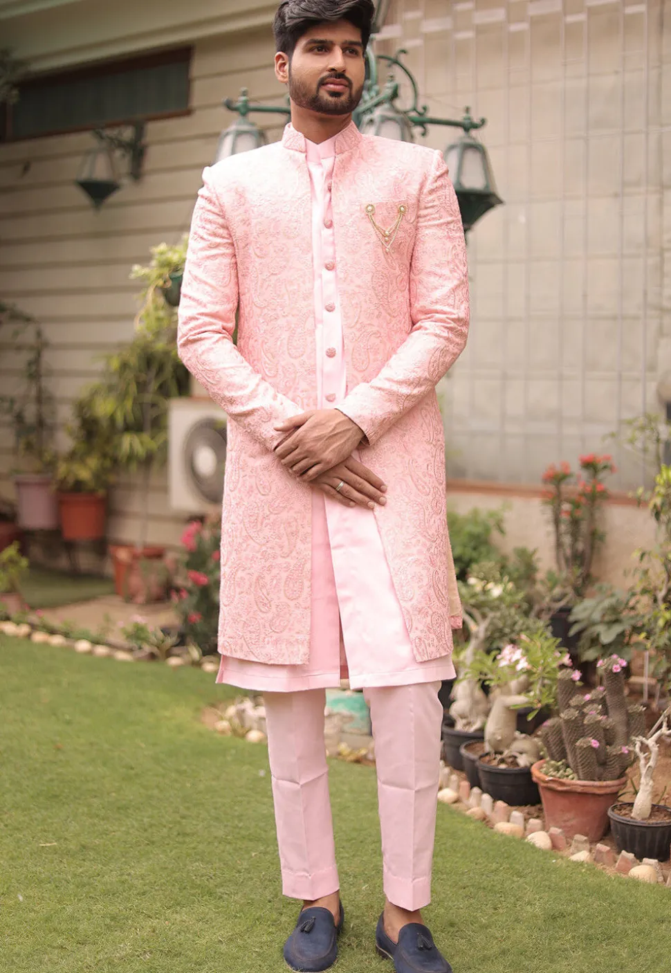 Embroidered Georgette Sherwani in Pink
