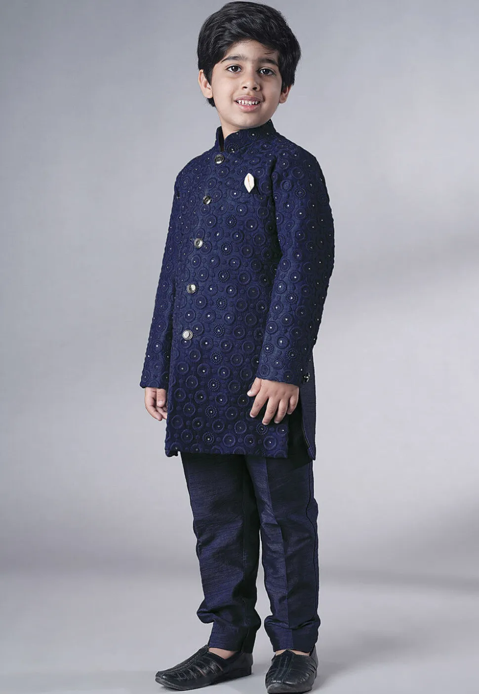 Embroidered Georgette Sherwani Set in Navy Blue