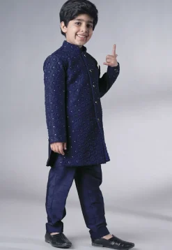 Embroidered Georgette Sherwani Set in Navy Blue