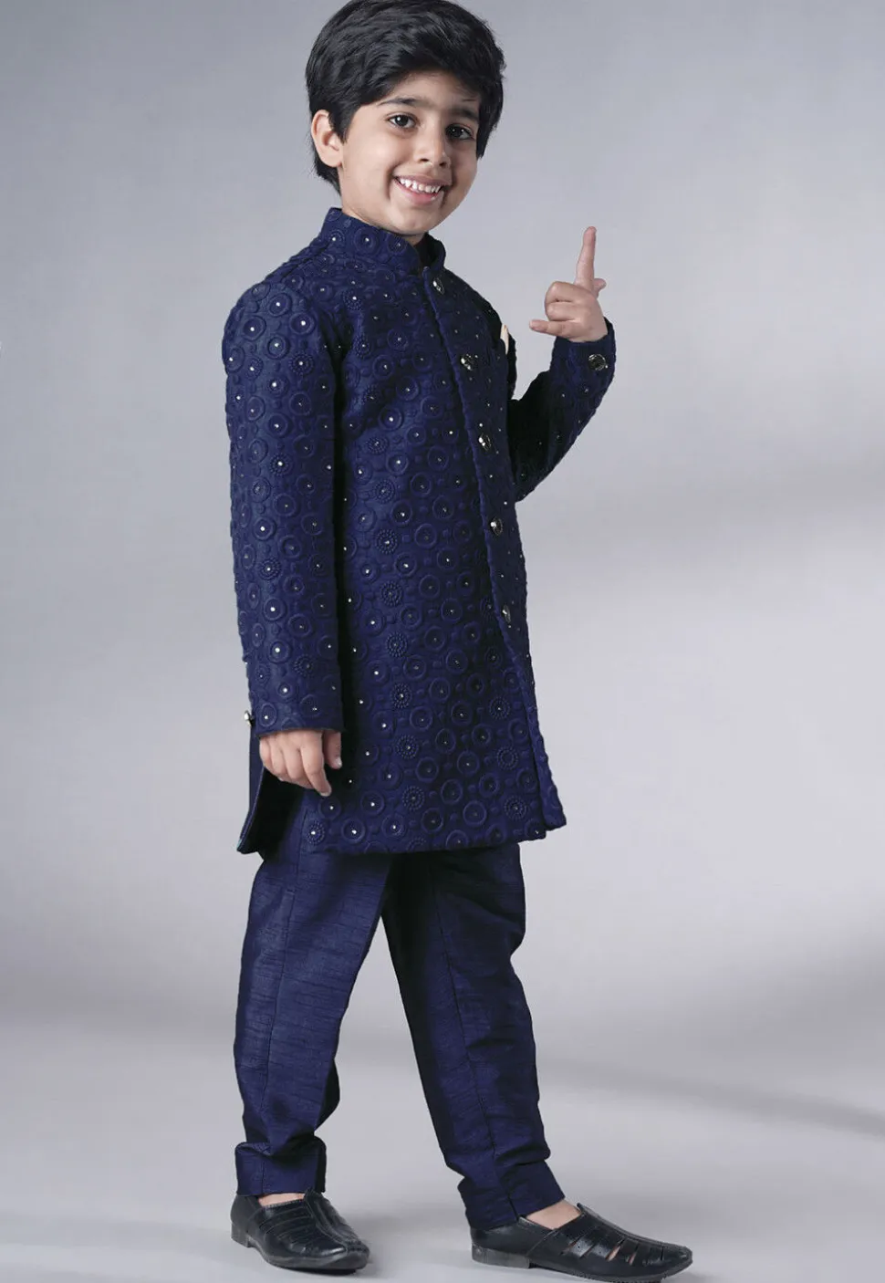 Embroidered Georgette Sherwani Set in Navy Blue