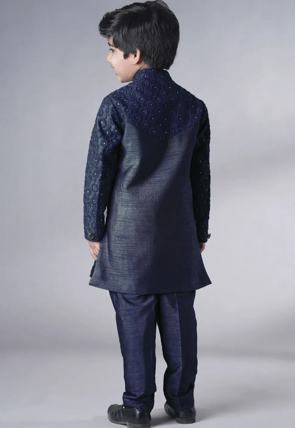 Embroidered Georgette Sherwani Set in Navy Blue