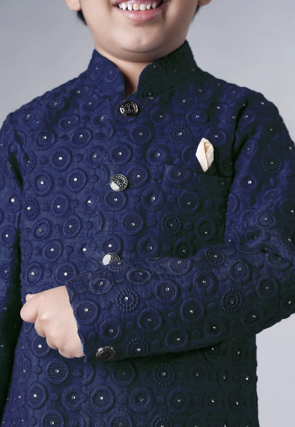 Embroidered Georgette Sherwani Set in Navy Blue
