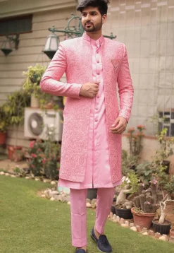 Embroidered Georgette Sherwani in Light Pink