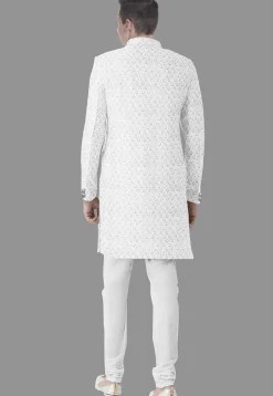 Embroidered Georgette Sherwani in White