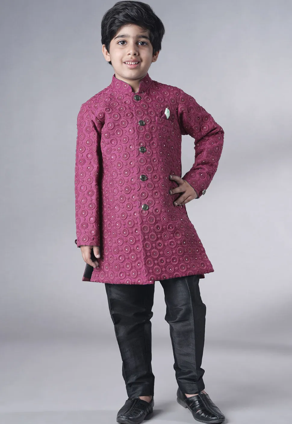 Embroidered Georgette Sherwani Set in Dark Pink