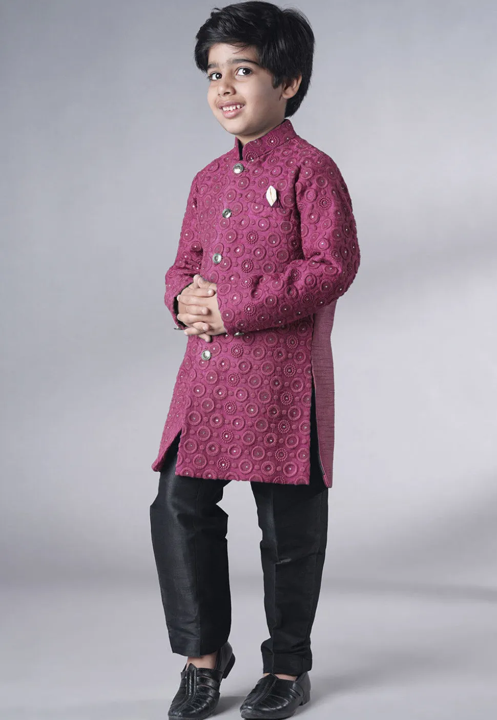 Embroidered Georgette Sherwani Set in Dark Pink