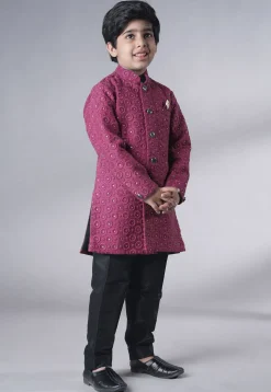 Embroidered Georgette Sherwani Set in Dark Pink