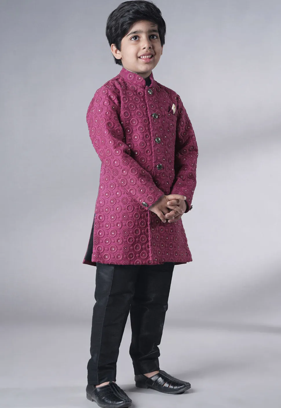 Embroidered Georgette Sherwani Set in Dark Pink