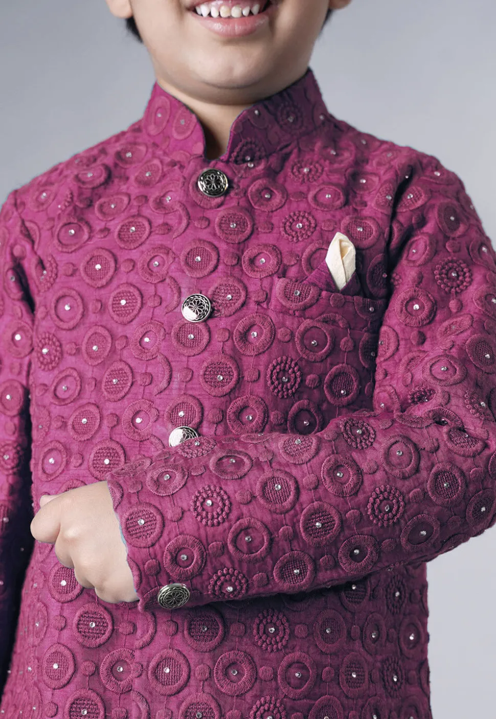 Embroidered Georgette Sherwani Set in Dark Pink
