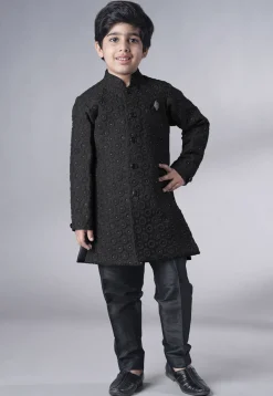 Embroidered Georgette Sherwani Set in Black
