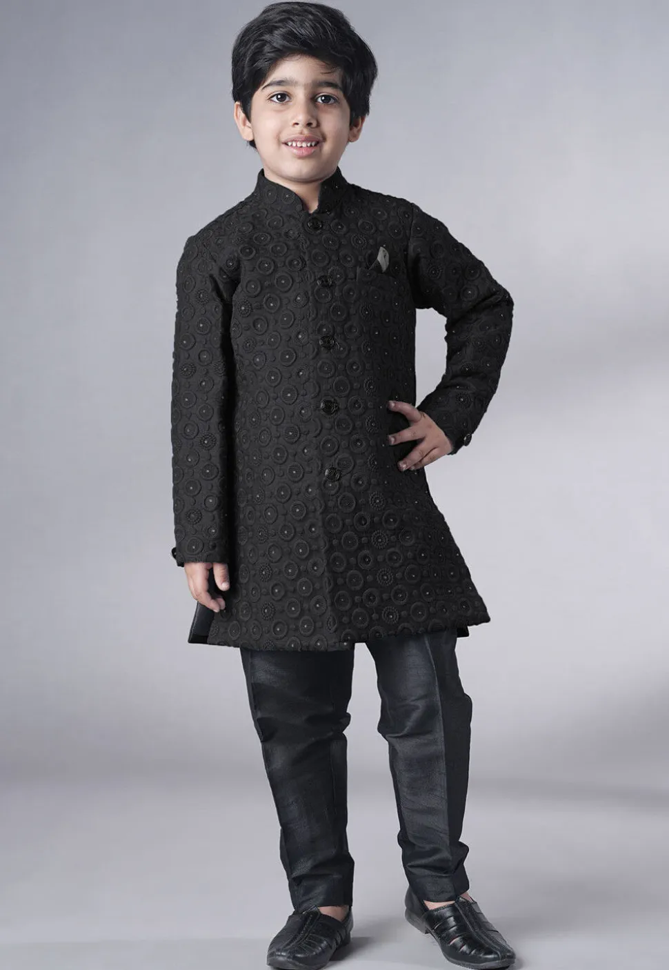 Embroidered Georgette Sherwani Set in Black
