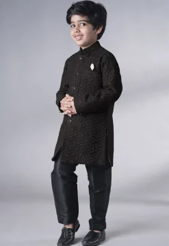 Embroidered Georgette Sherwani Set in Black