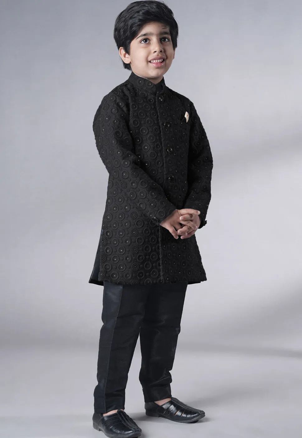Embroidered Georgette Sherwani Set in Black