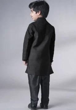 Embroidered Georgette Sherwani Set in Black