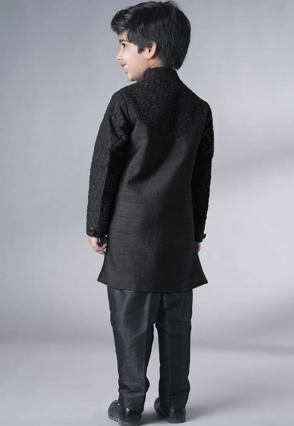 Embroidered Georgette Sherwani Set in Black