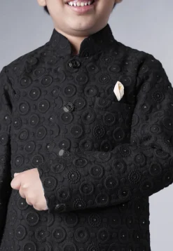 Embroidered Georgette Sherwani Set in Black