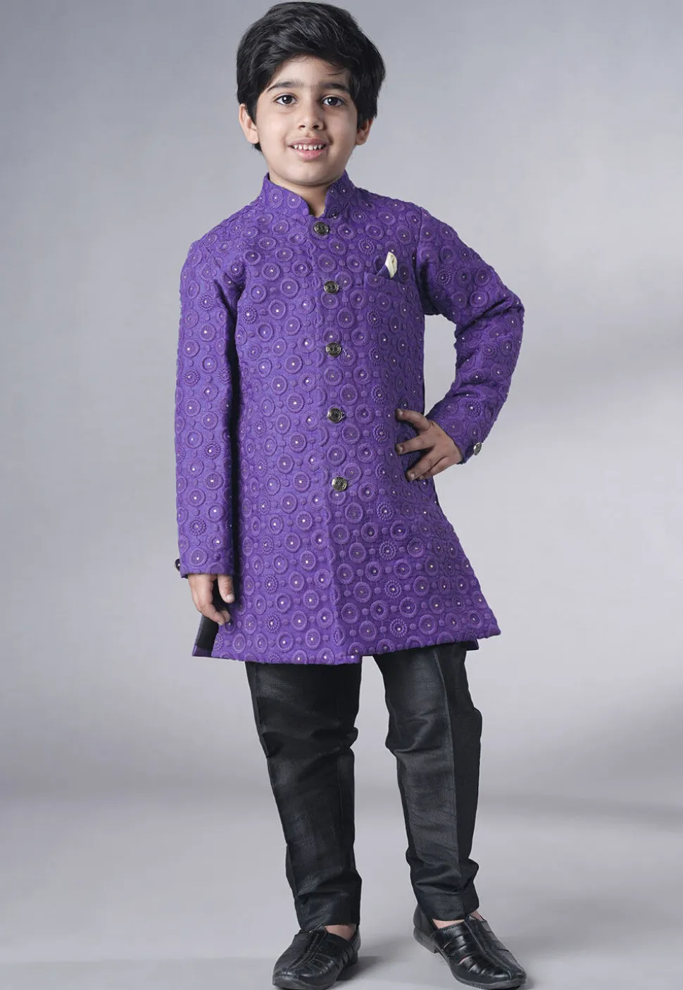 Embroidered Georgette Sherwani Set in Dark Purple