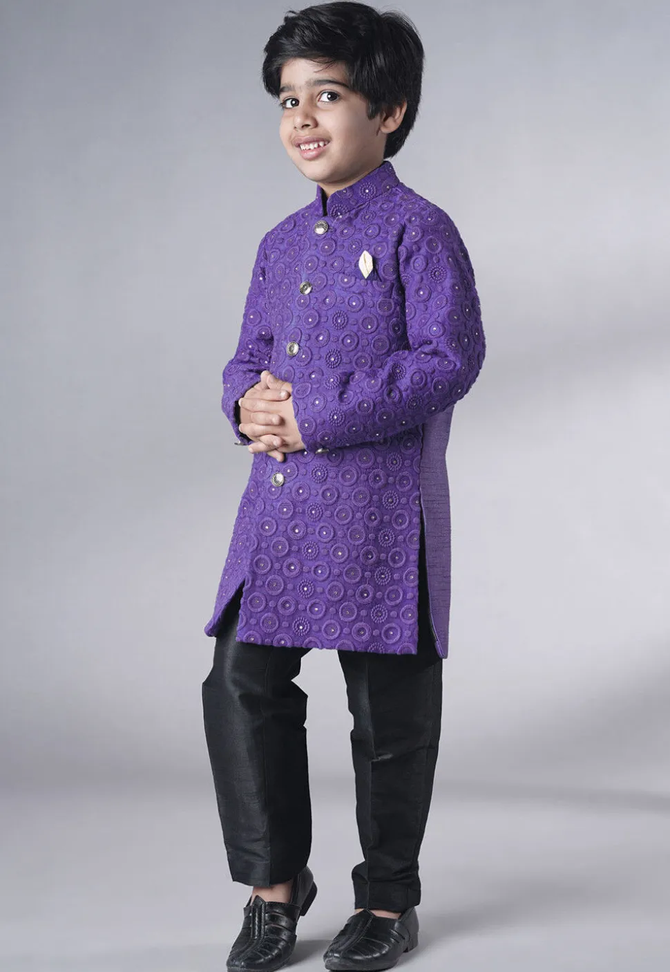 Embroidered Georgette Sherwani Set in Dark Purple