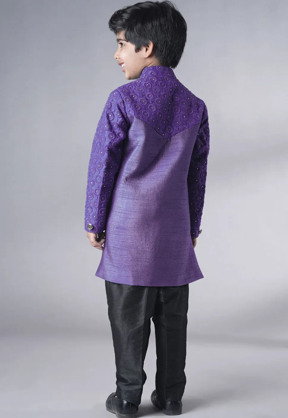 Embroidered Georgette Sherwani Set in Dark Purple