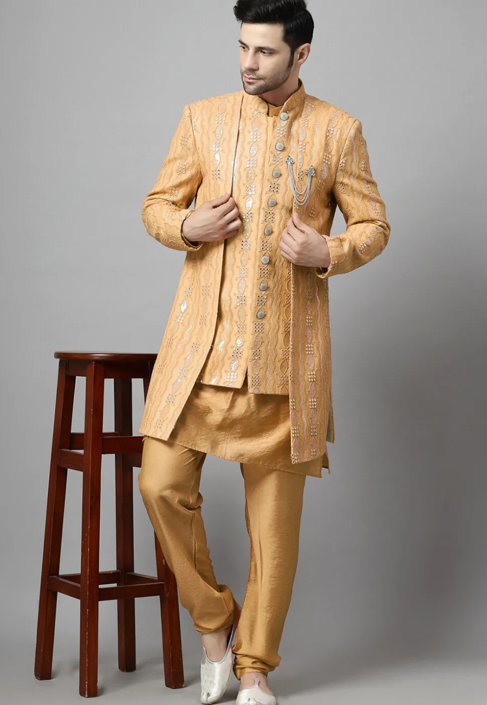 Embroidered Georgette Sherwani in Light Beige