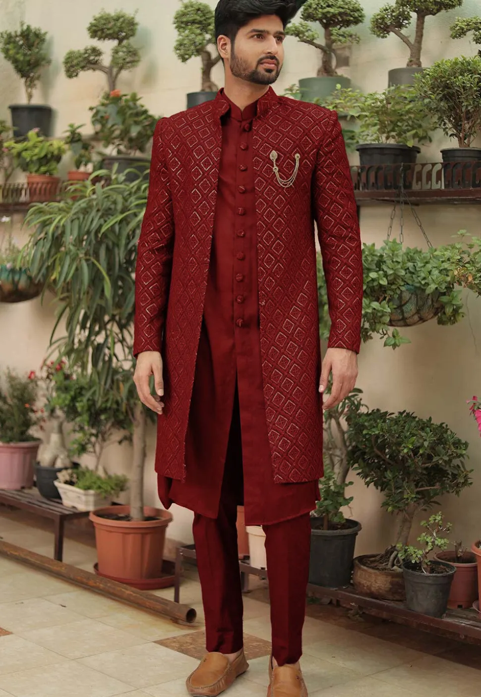 Embroidered Georgette Sherwani in Maroon