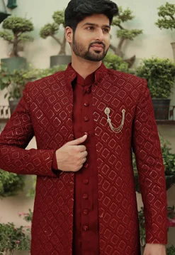 Embroidered Georgette Sherwani in Maroon