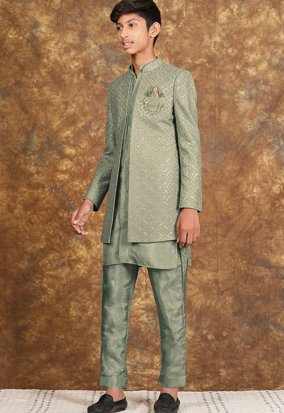 Embroidered Georgette Sherwani in Dusty Green