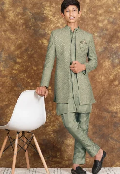 Embroidered Georgette Sherwani in Dusty Green