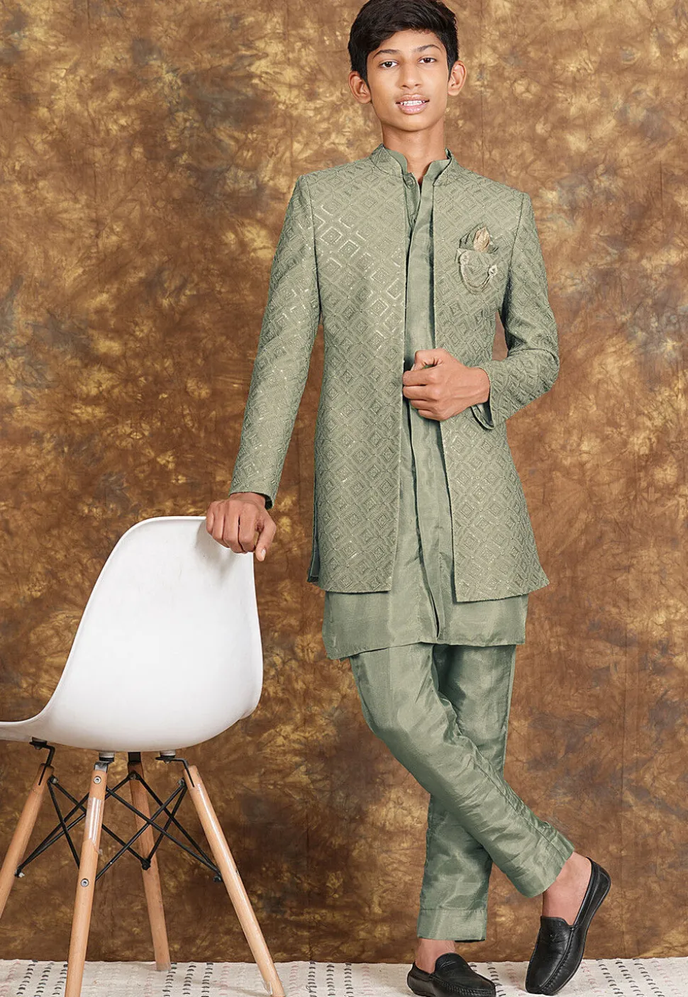 Embroidered Georgette Sherwani in Dusty Green
