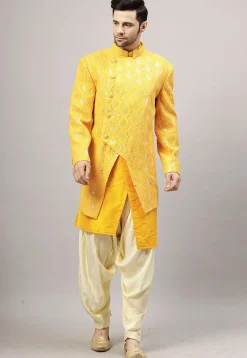 Embroidered Georgette Sherwani in Mustard