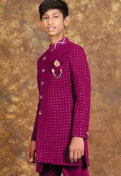 Embroidered Georgette Sherwani in Magenta