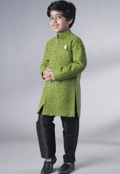 Embroidered Georgette Sherwani Set in Olive Green