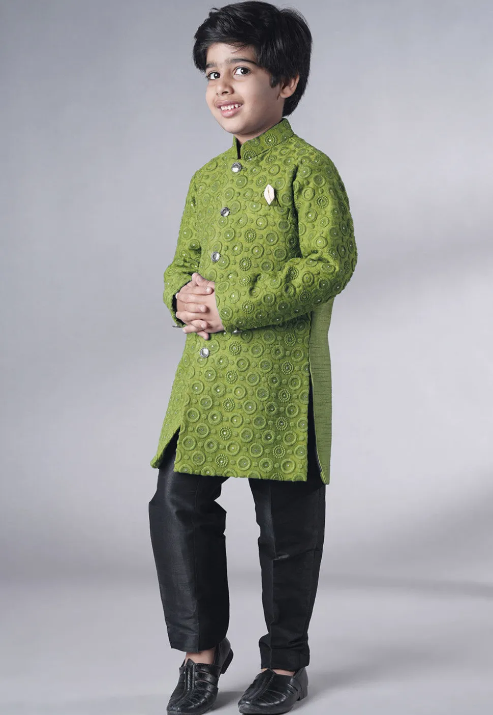 Embroidered Georgette Sherwani Set in Olive Green