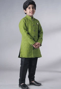 Embroidered Georgette Sherwani Set in Olive Green