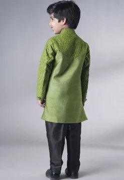 Embroidered Georgette Sherwani Set in Olive Green