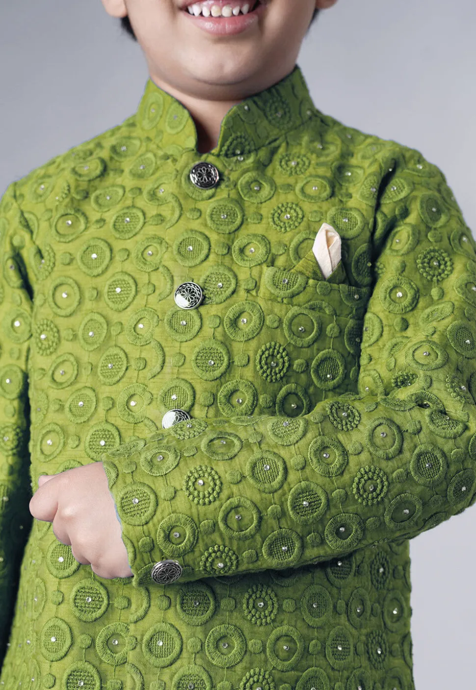 Embroidered Georgette Sherwani Set in Olive Green