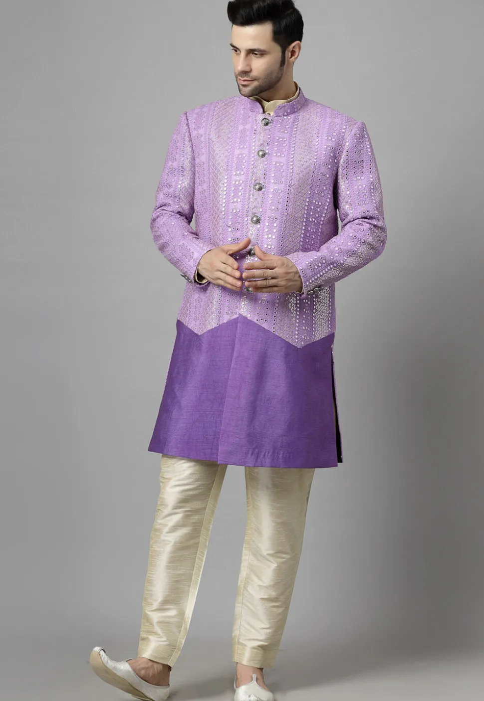 Embroidered Georgette Sherwani in Light Purple