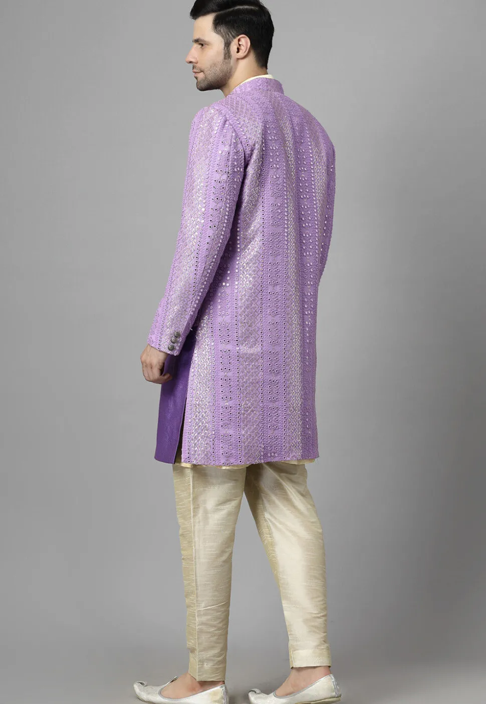 Embroidered Georgette Sherwani in Light Purple