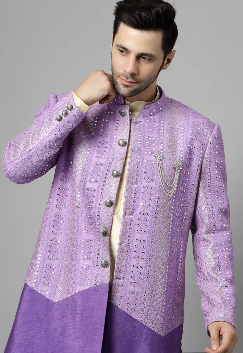 Embroidered Georgette Sherwani in Light Purple