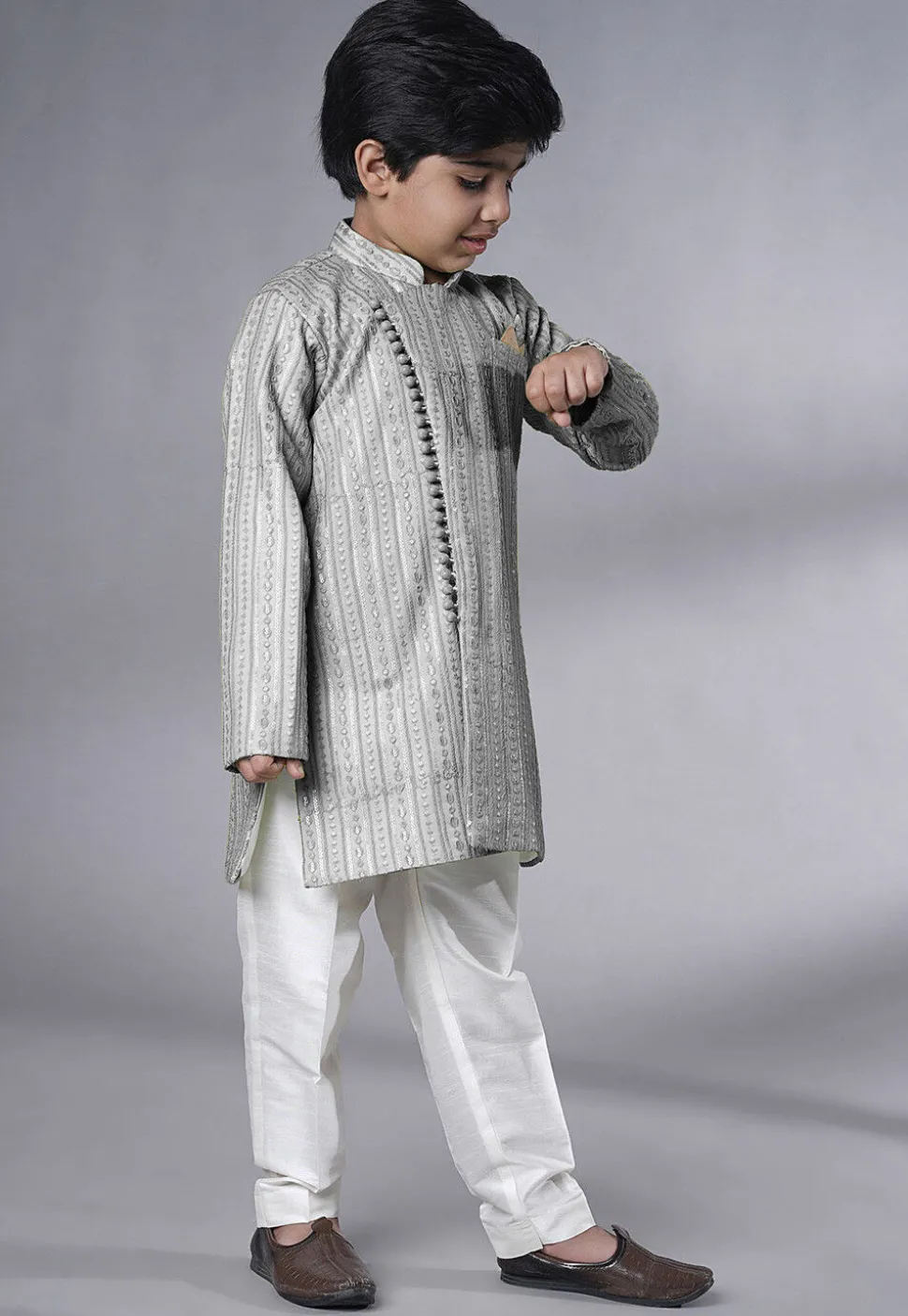 Embroidered Georgette Sherwani in Grey