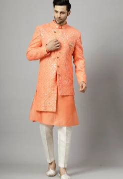 Embroidered Georgette Sherwani in Peach