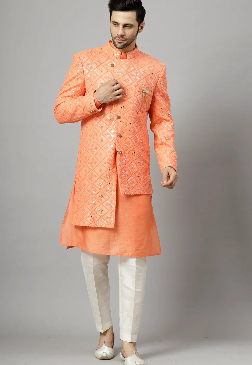Embroidered Georgette Sherwani in Peach