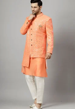 Embroidered Georgette Sherwani in Peach