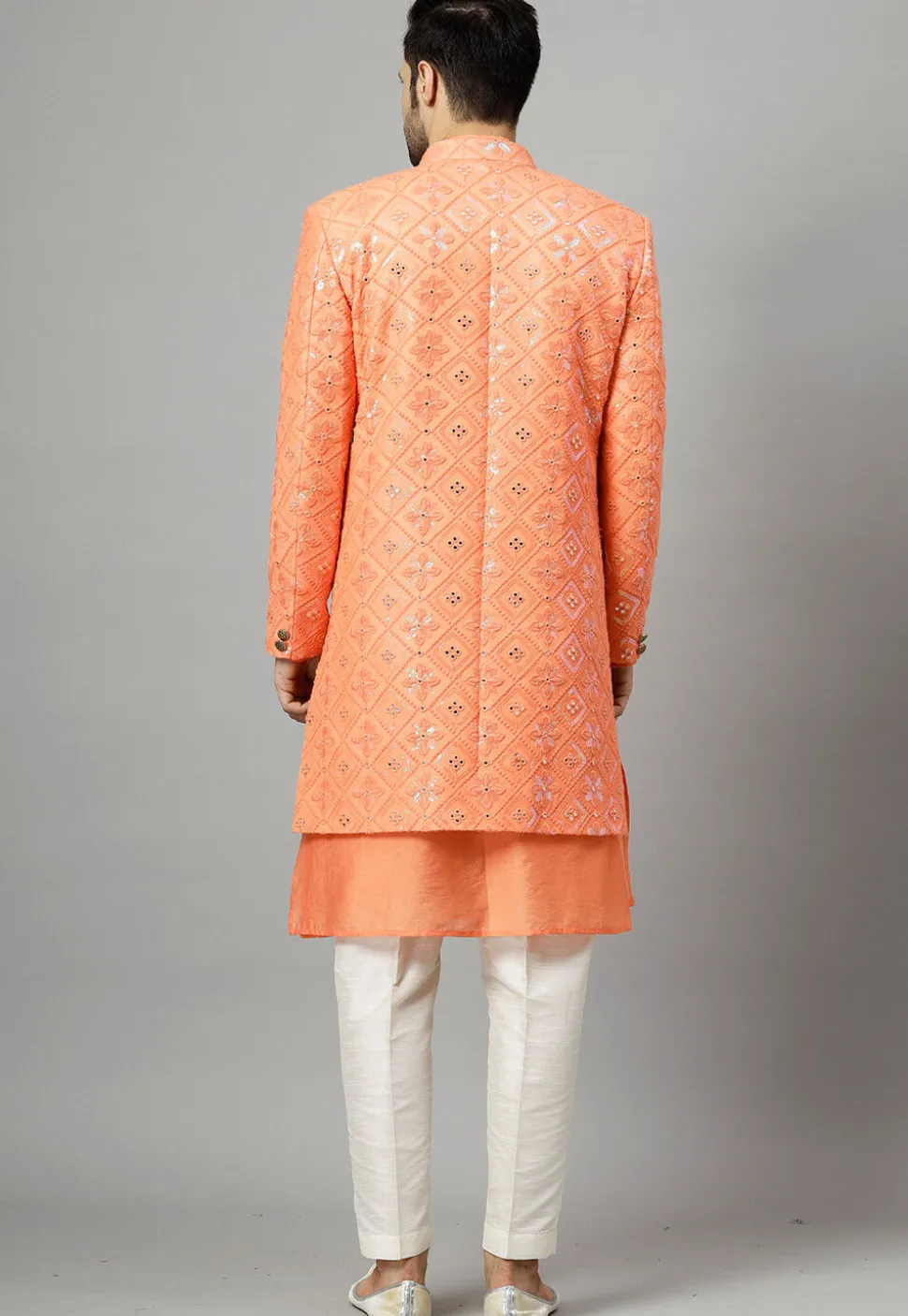 Embroidered Georgette Sherwani in Peach