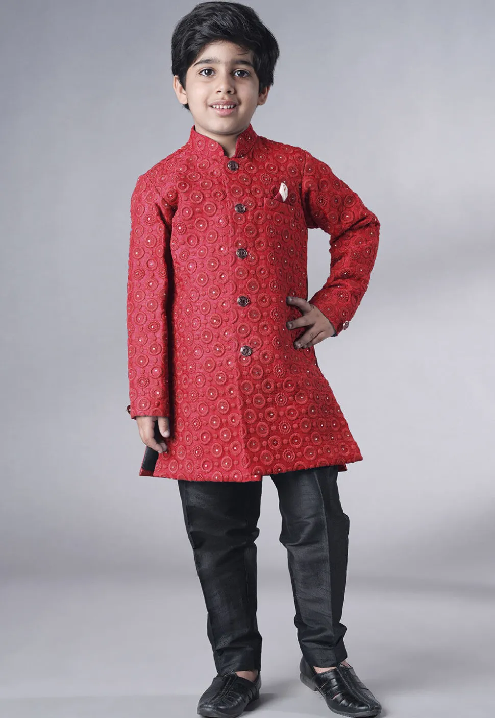 Embroidered Georgette Sherwani Set in Coral Red