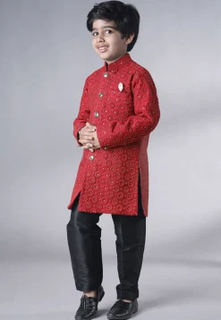 Embroidered Georgette Sherwani Set in Coral Red